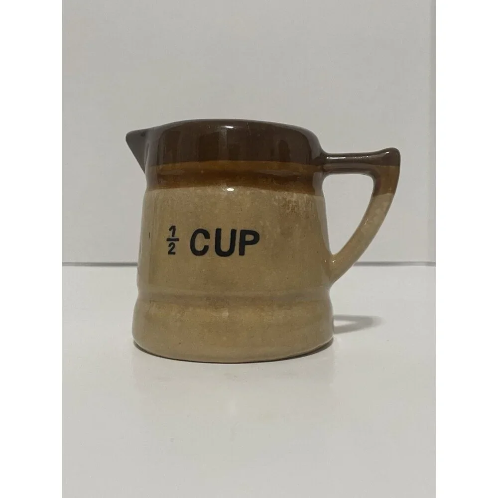 Vintage Crock Measuring Cups Set of 3 Brown Tan Glazed Ceramic